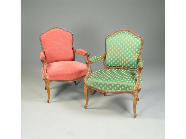 A pair of Louis XV style beech fauteuils