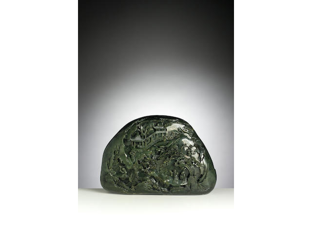 A fine and large Imperial spinach jade mountain Qianlong