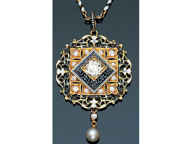 A late 19th century enamel and diamond pendant by Carlo and Arthur Giuliano