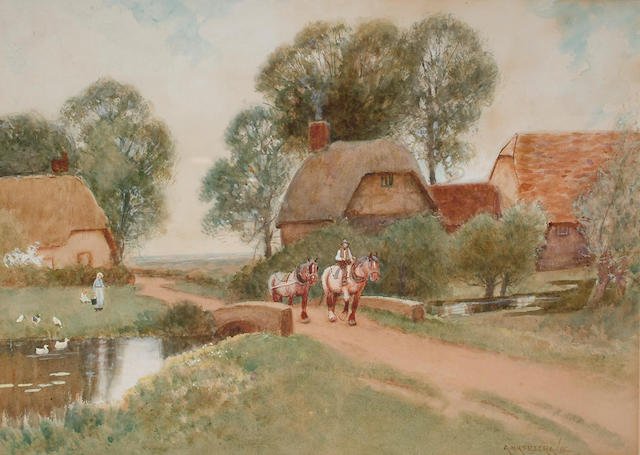 Albert Haselgrave (British, 19th Century) Horses crossing the bridge; Horses leaving the village, 26.5 x 36.5 cm, (2).