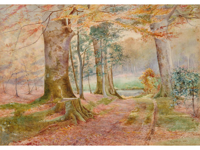 William Biscombe Gardner (British, c.1847-1919), View of a wooded path, 38 x 53cm.