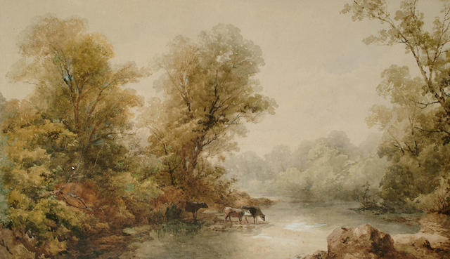 John Holding (British, 19th Century) Cattle watering, 31.5 x 53 cm.