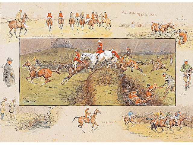 'Snaffles' "An Irish Point-to-Point", circa 1920, titled in watercolour, printed and with extensive hand colouring, 54.5 x 75cm (21 1/2 x 29 1/2 in), in old stained beech frame, labelled verso for "Combridge Ltd., ... 18 & 20 Grafton St., Dublin".
 
 See illustration