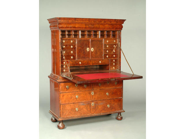 A Queen Anne crossbanded walnut secretaire chest,
