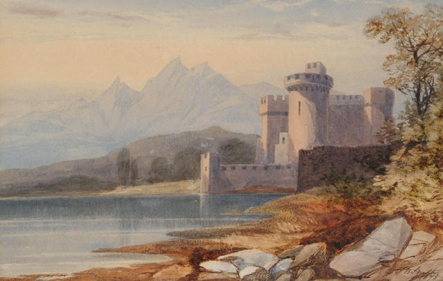 James Burrell Smith (British, 1824-1897) View of a Castle by a lake, 15 x 23 cm.