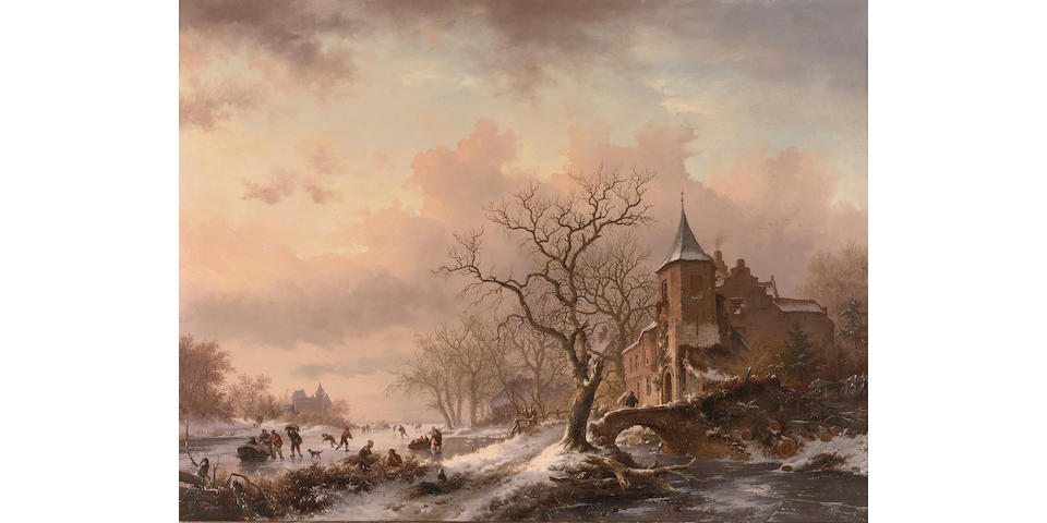Frederik Marinus Kruseman (Dutch 1816-1882) Castle in a winter landscape and skaters on a frozen river 48 x 63.5 cm. (19 x 25 in.)