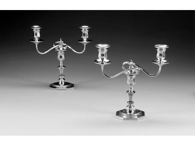 A pair of silver two-light candelabra, by Hawksworth Eyre & Co., Birmingham 1937,