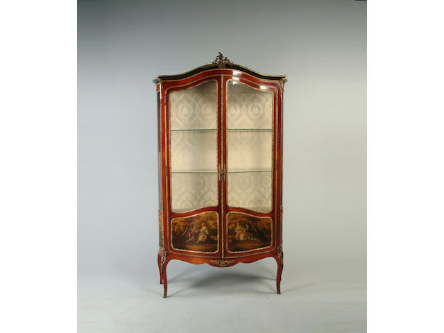 A French late 19th century mahogany and gilt metal mounted and vernis matin decorated vitrine