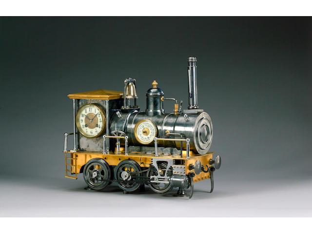 A rare early 20th century French lacquered automata brass and blued steel novelty weather compendium in the form of a steam train the frame stamped Brevete SGDG