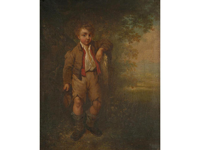 Follower of Barker of Bath Portrait of a ragamuffin in a country landscape, 32 x 25.5cm