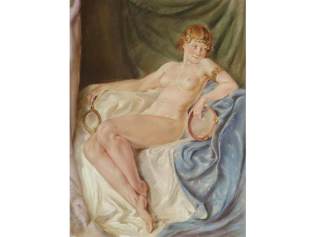 Franco Matania (British, 20th Century) Seated female nude with mirror and tambourine 50.5 x 38cm.(8)