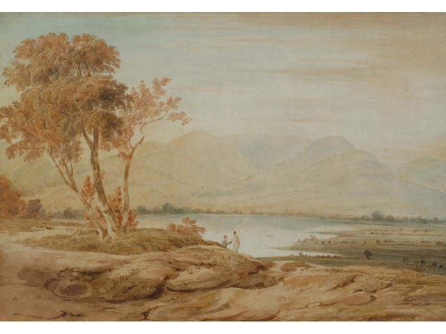 Attributed to John Varley 'Snowdonia with anglers in the foreground' 29 x 42cm