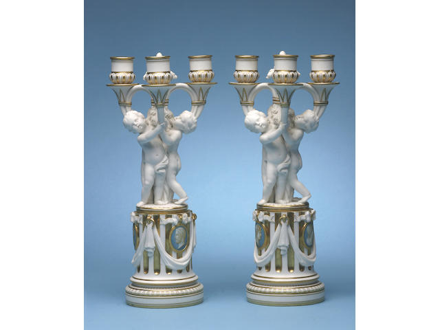 A good pair of Minton parian figural candelabra, circa 1865,