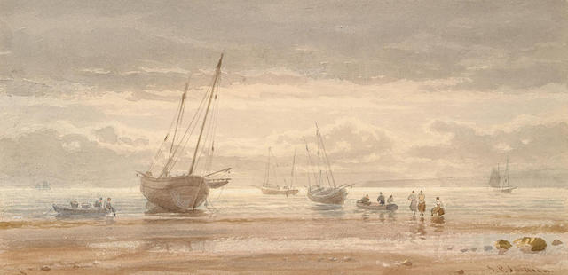 Samuel Philips Jackson (British, 1830-1904) Filey Beach, 17 x 34.5 cm, unframed.
