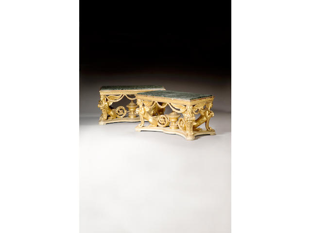 A pair of George II style carved giltwood and white painted Centre Tables,in the manner of William Kent