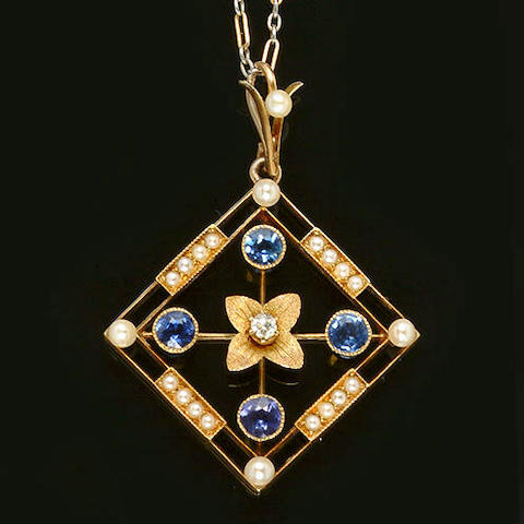 Bonhams : A sapphire, diamond and pearl pendant