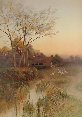 George Oyston (British, 19th Century) Geese by a river; Figure on a rural lane, 69.5 x 49.5 cm, (2).