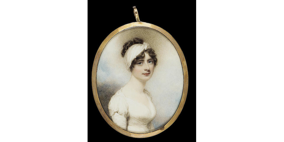 William Wood, Elizabeth Seward (1783-1865), wearing white dress and wide bandeau in her dark brown hair