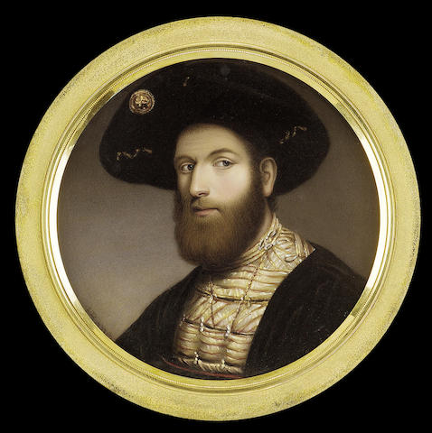 Henry Bone R.A., Caesar Borgia (1475-1507), wearing white silk doublet embroidered with gold and red, black coat and wide brimmed hat decorated with gold medallion