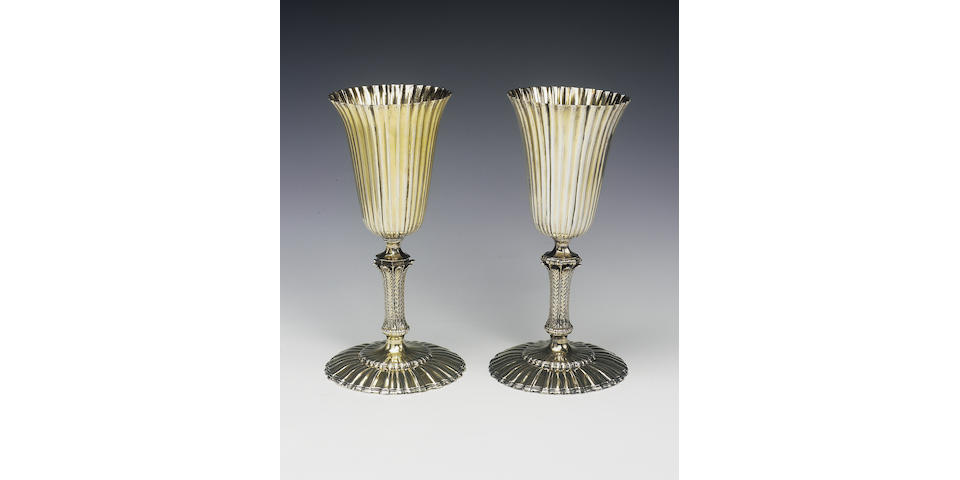 A very unusual pair of 18th Century low Countries silver-gilt goblets, probably Vlissingen, 1761, re
