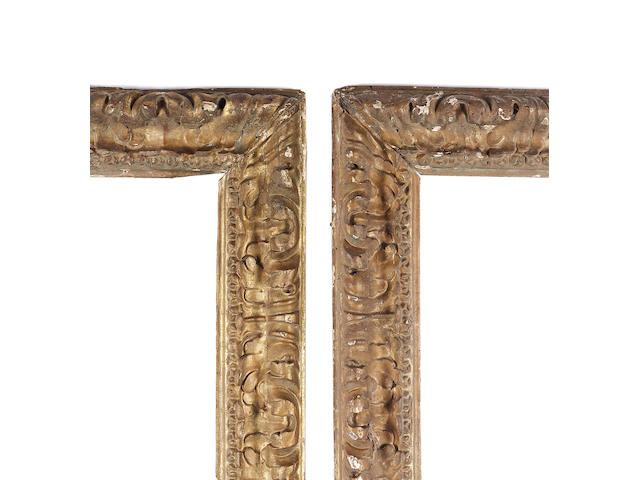 A pair of large southern French/north Italian late 17th Century carved, gilded and overpainted frames,