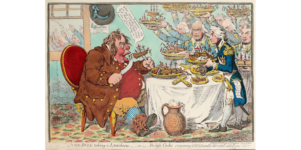 James Gillray JOHN BULL taking a Luncheon:-or-British Cook, cramming Old Grumble-Gizzard with Bonne-Chere Etching, 1798, with bright hand colouring, on wove, published Oct 24th by H Humphrey, London; pin holes at sheet corners, thread margins along three sides, trimmed along lower margin, otherwise in good condition, 258mm x 360mm (10 1/4in x 14 1/4in)(PL) unframed