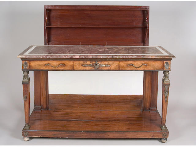 A pair of Empire period mahogany and bronze mounted console dessertes,