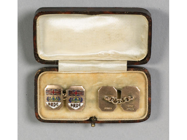 An interesting and rare pair of early BRDC 9ct Rose Gold cuff-links once owned by the BRDC founding member Dr Benjafield,