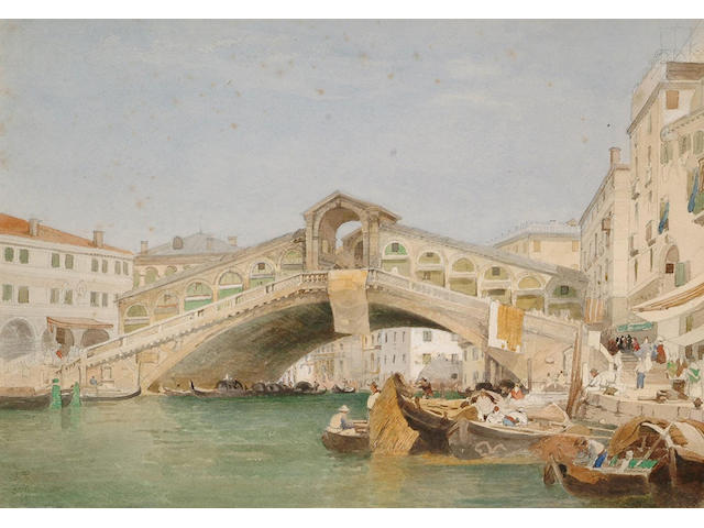 Edward Duncan (British, 1803-1882) Rialto Bridge, Venice 24.5 x 34.5 cm.