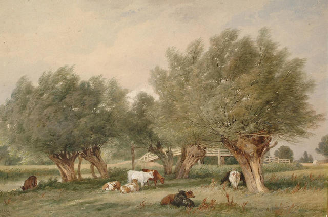 Edward Duncan (British, 1803-1882) Cattle in a rural landscape, 33.5 x 50 cm.