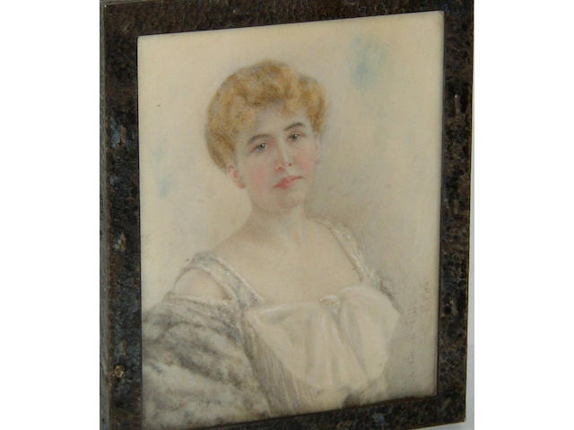 E** Corbould-Ellis (circa 1910) British, A lady wearing a white dress and pale fur stole against a sky backgroundsigned 'E. Corbould-Ellis RME', on ivory, 8 x 6.5cm (3&#188; x 2&#189;in) in a hammered metal frame.