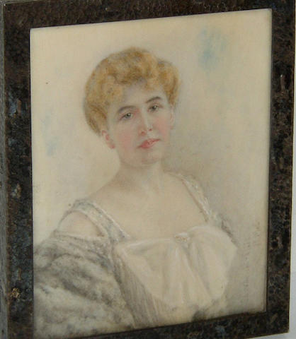 E** Corbould-Ellis (circa 1910) British, A lady wearing a white dress and pale fur stole against a sky backgroundsigned 'E. Corbould-Ellis RME', on ivory, 8 x 6.5cm (3&#188; x 2&#189;in) in a hammered metal frame.