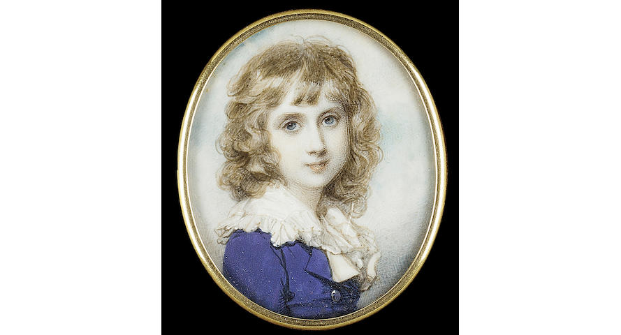 Richard Cosway R.A., Dr. Stephen Lushington (1782-1873), as a boy, wearing blue coat with large silver buttons, cream waistcoat and shirt with wide, falling collar, his hair worn long and curled