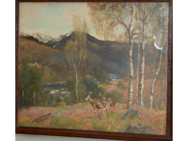 Sir David Murray RA (1849-1933) Scottish, Deer in a highland landscape,oil on board, 37 x 45cm (14&#189; x 17&#190;in).