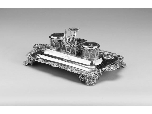 A George III silver shaped rectangular two-handled inkstand, by Philip Rundell, London 1820,