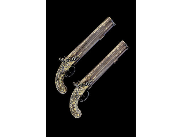 An Exceptional Pair Of 16-Bore Over-And-Under Gold-Inlaid Flintlock Pistols Made For The Maharaja Of