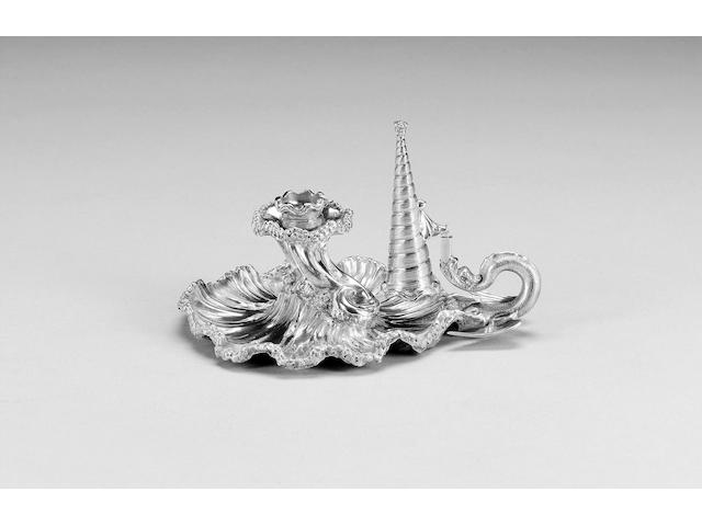 An early Victorian rococo revival cast silver chamberstick, by James Charles Edington, London 1840,