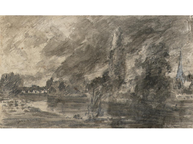 John Constable R.A. (British, 1776-1837) A view of Salisbury Cathedral and Harnham Bridge (recto); A letter (verso) 11.5 x 19 cm. (4 1/2 x 7 1/2 in.) unframed.