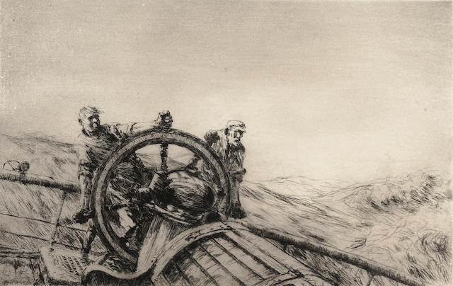 Arthur Briscoe The Wheel Etching, 1927, on laid, with margins, signed and numbered 44/75 in black ink; faint time staining, unexamined out of the frame, 225mm x 335mm (8 3/4in x 13 1/4in)(PL)