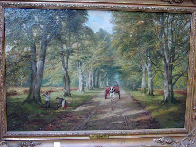 William Greaves A country lane, with figures gathering firewood, and horse and cart, 41 x 61cm.