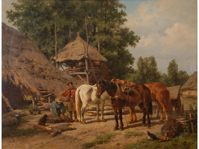 Wouter Verschuur Jnr (1841-1936 Dutch) 'A timber yard with men and horses at work' 58 x 76cm (23 x 30in)