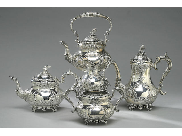 A matched five piece tea and coffee service, by Martin Hall and Co., Gibson and Co Ltd, Sheffield 1905, 1907. 1909 and 1911,