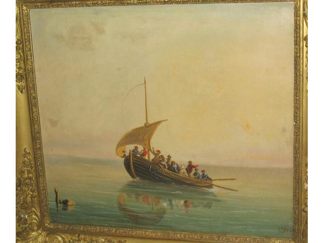 Follower of Gian Gianni Fishing boat on calm waters, 38 x 43cm.
