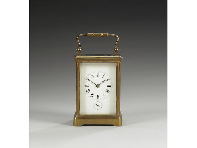A 19th Century French lacquered brass carriage clock with alarm,