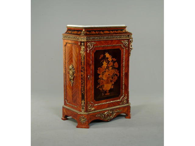 A Victorian style tulipwood, ebonised and marquetry pier cabinet