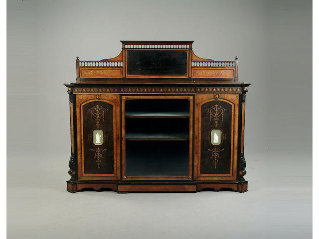A Victorian walnut, ebonised and marquetry inlaid credenza