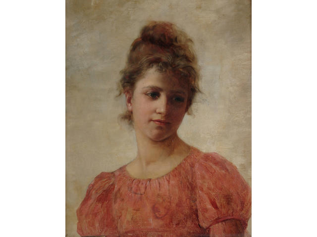 Continental School, 19th Century, Portrait, bust length, of a beautiful young girl wearing a shell pink dress, 20.5 x 19.7 in. (52 x 50 cm)
