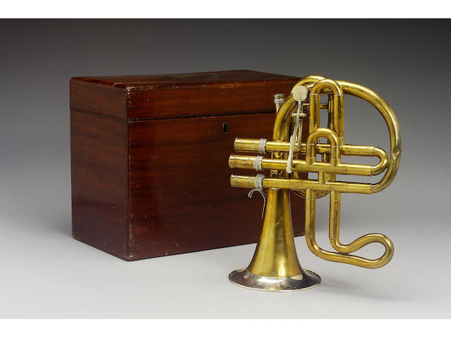 A attractive three Valve Brass Cornet, stamped on the silvered Bell Rim; Improved and made by Chas. Pace 40 King Street, Westminister, London, circa 1850 (2)