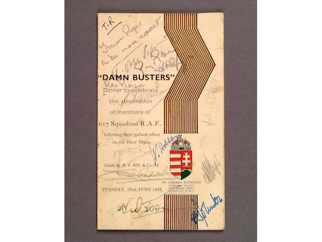 A menu for the "Damn Busters" (sic) Dinner to celebrate the decoration of members of 617 Squadron R.A.F. following their gallant effort on the Rhur Dams. Given by A. V. Roe & Co. Ltd. Tuesday 22nd June 1943 held at the Hungaria Restaurant, Regents Street, London