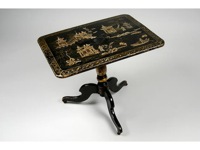 A Regency black lacquered chinoiserie decorated tripod table,